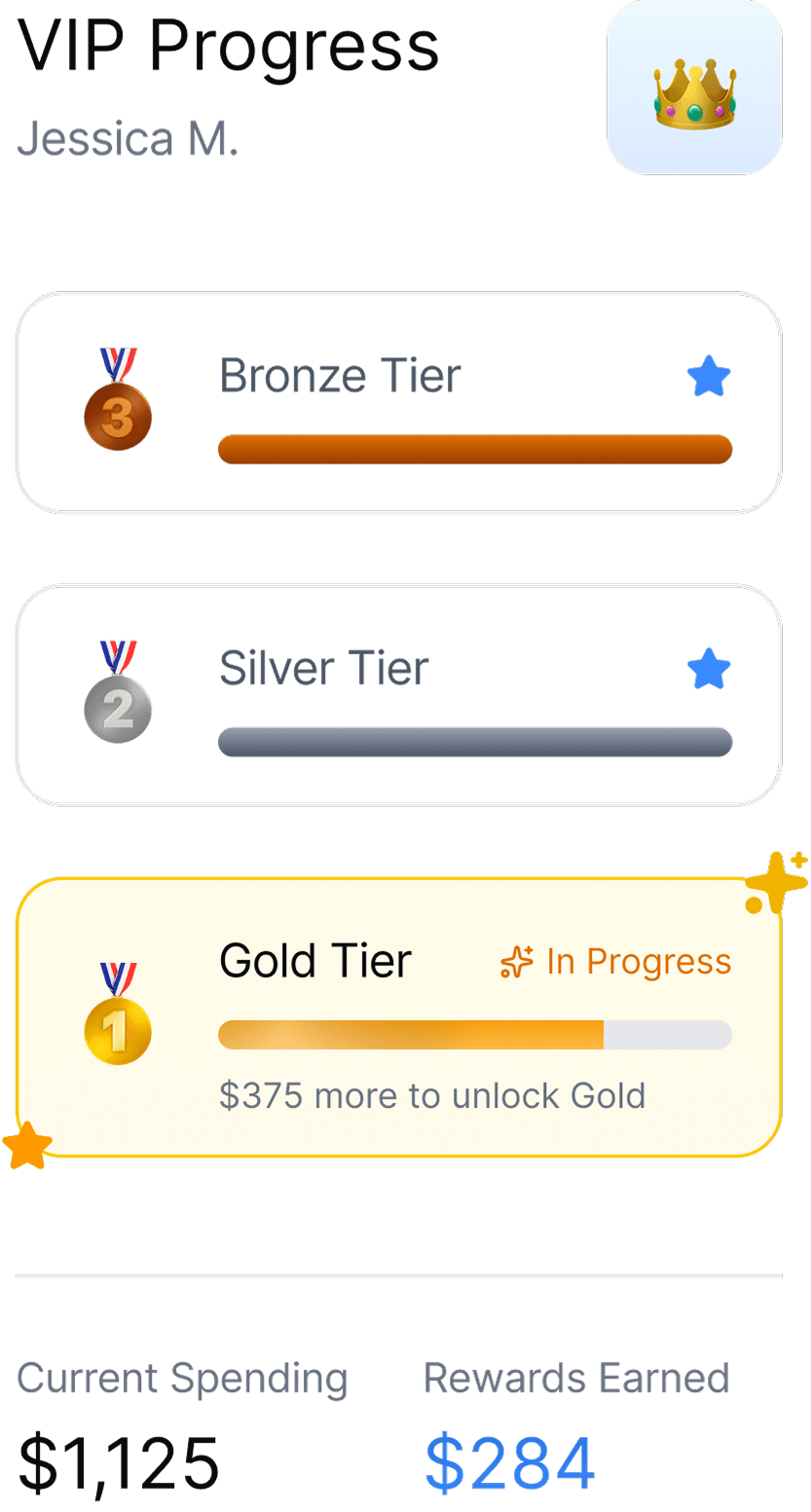 VIP tier progress showing Starter, Silver, Gold, and Platinum levels