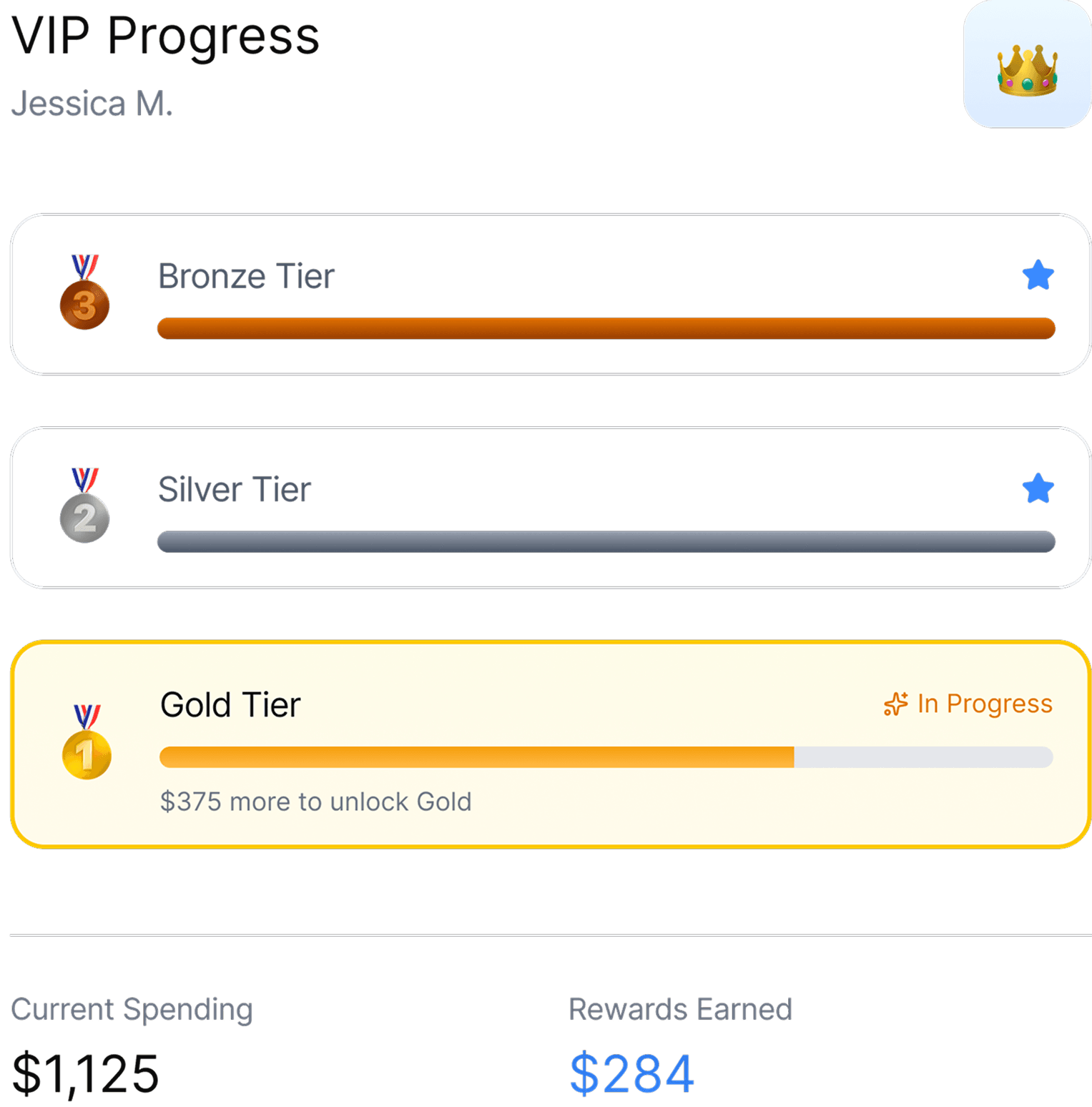 VIP tier progress showing Starter, Silver, Gold, and Platinum levels